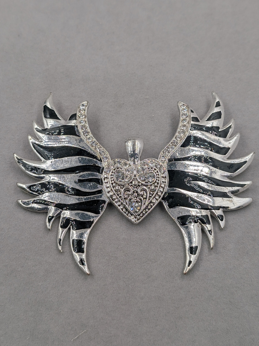 Silver Heart Wing Pendant Necklace - Black & Silver